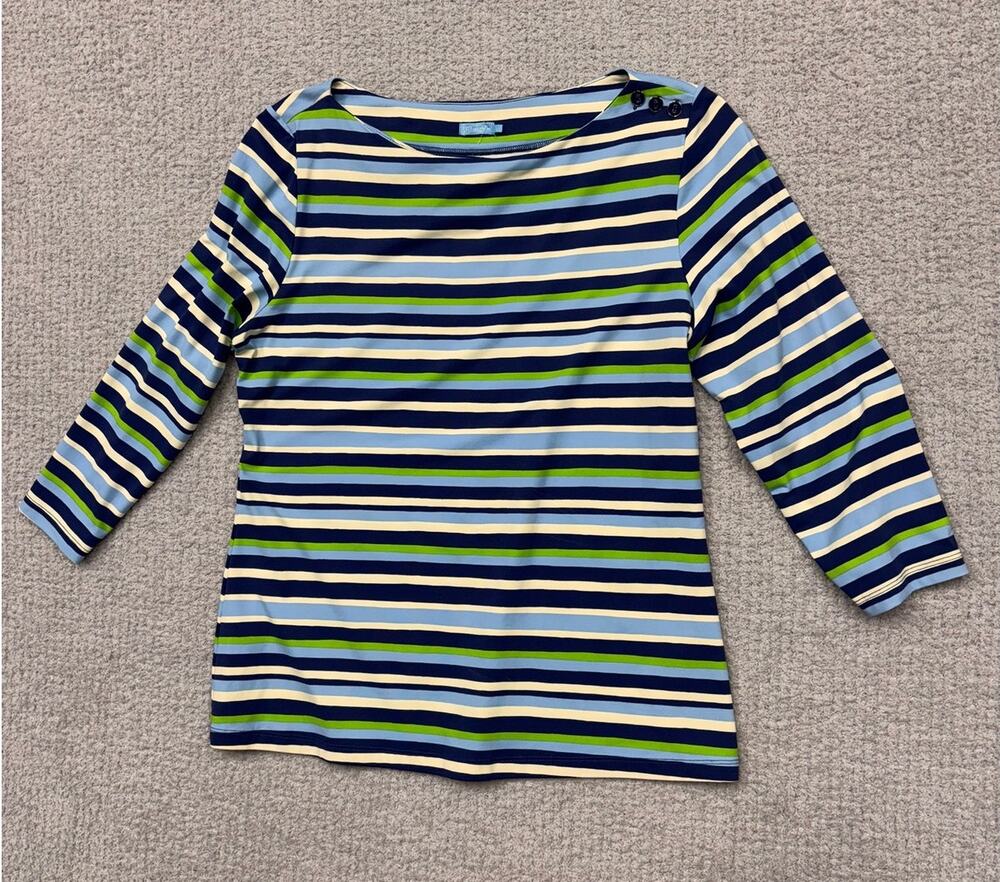 J. McLaughlin Blue Striped 3/4 Sleeve Shirt Size L #70909